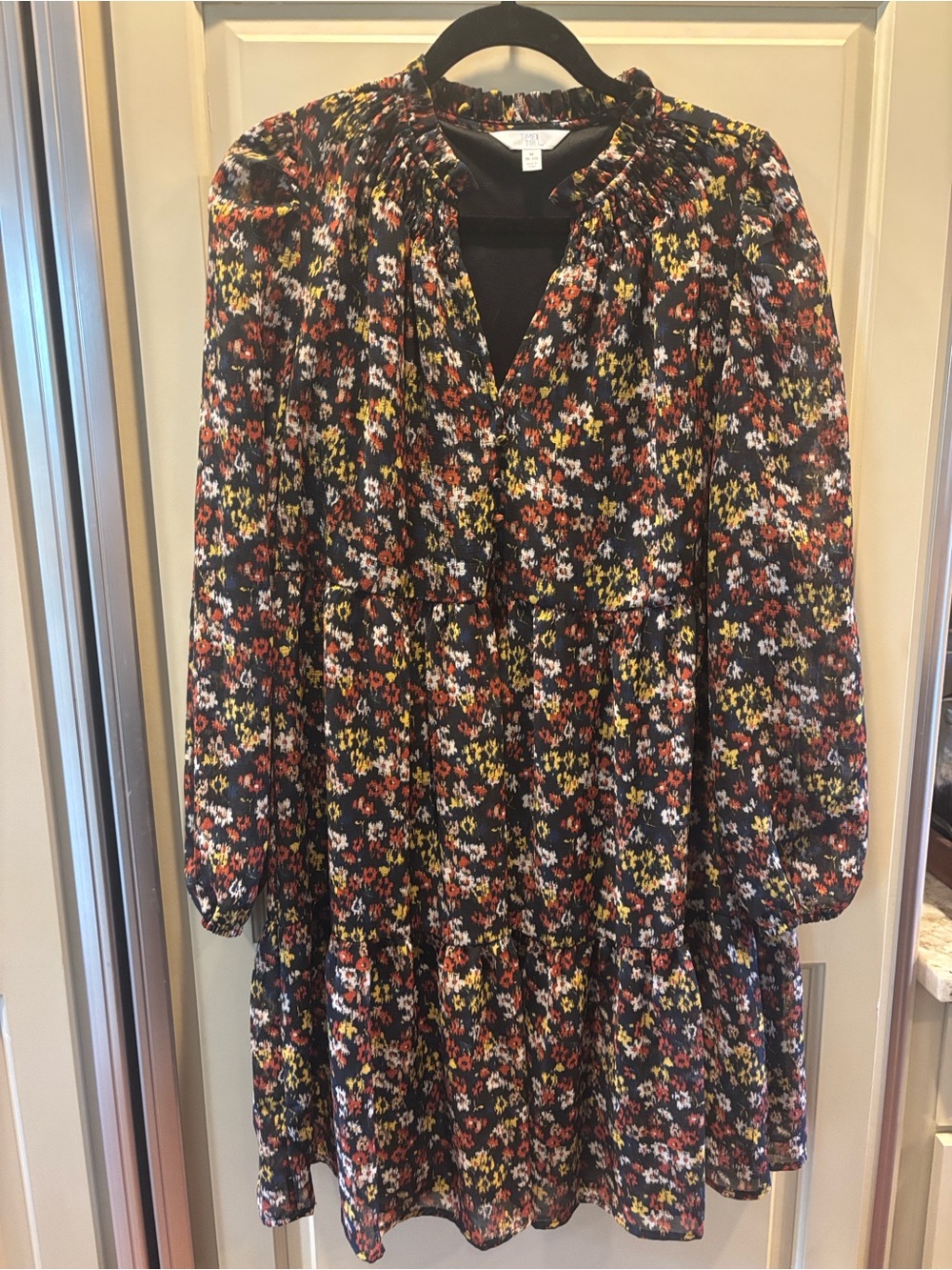 Time and Tru Black Floral Mini Dress with Yellow & Rust Accents